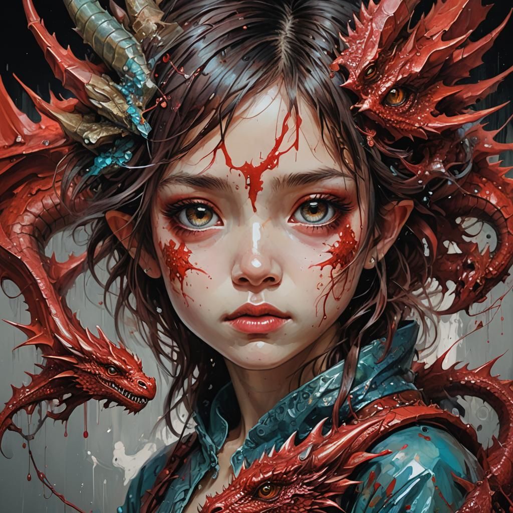 Chibi Red Dragon Oil Painting with Expressive Eyes