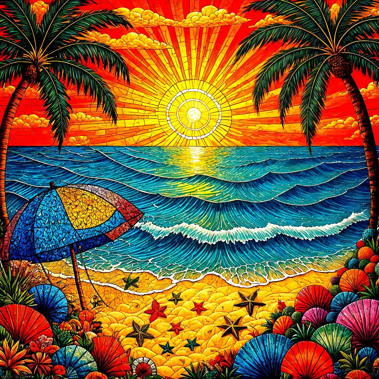 Stained Glass Beach Sunset Mosaic Illustration