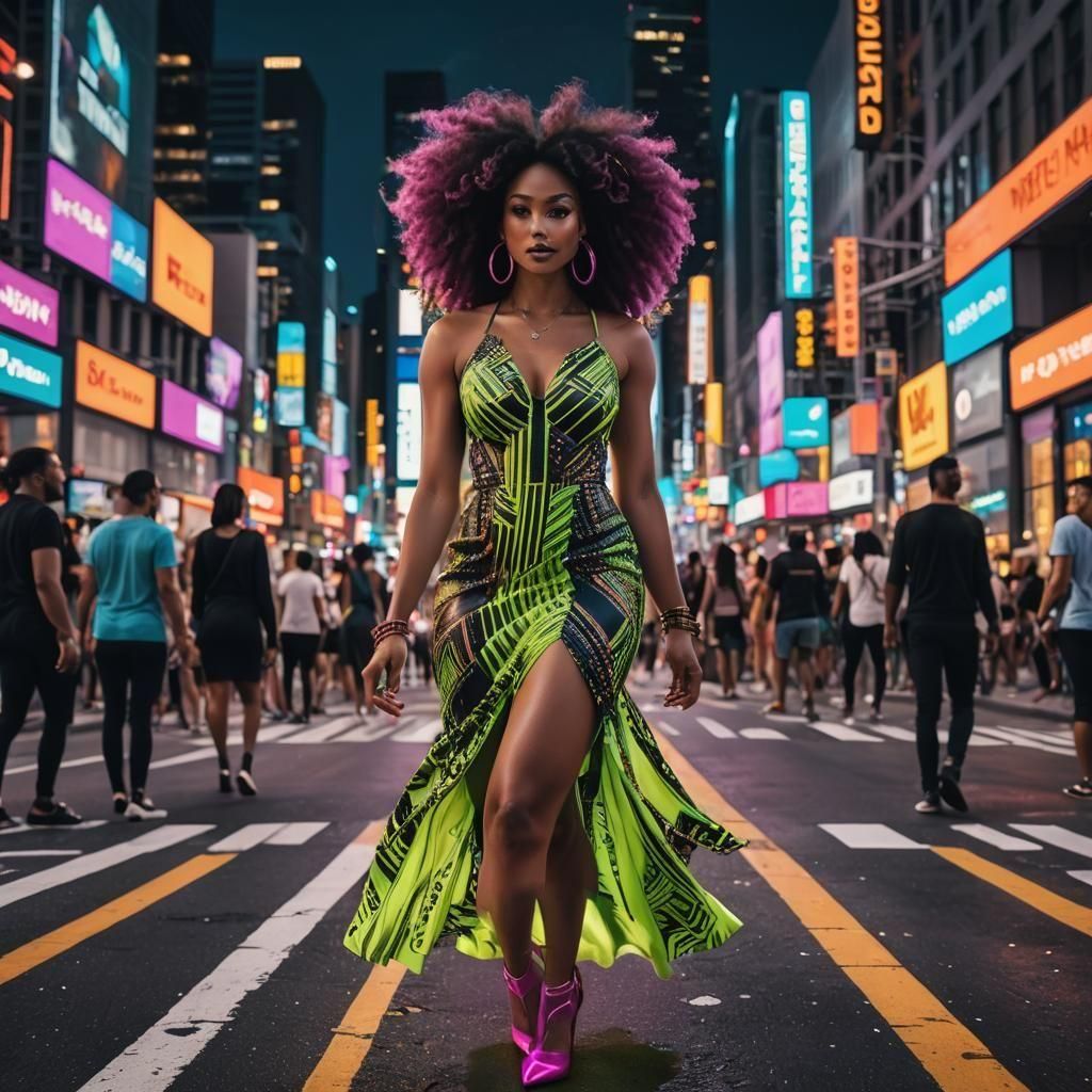 Futuristic Afro-Latina Woman in Neon Dress