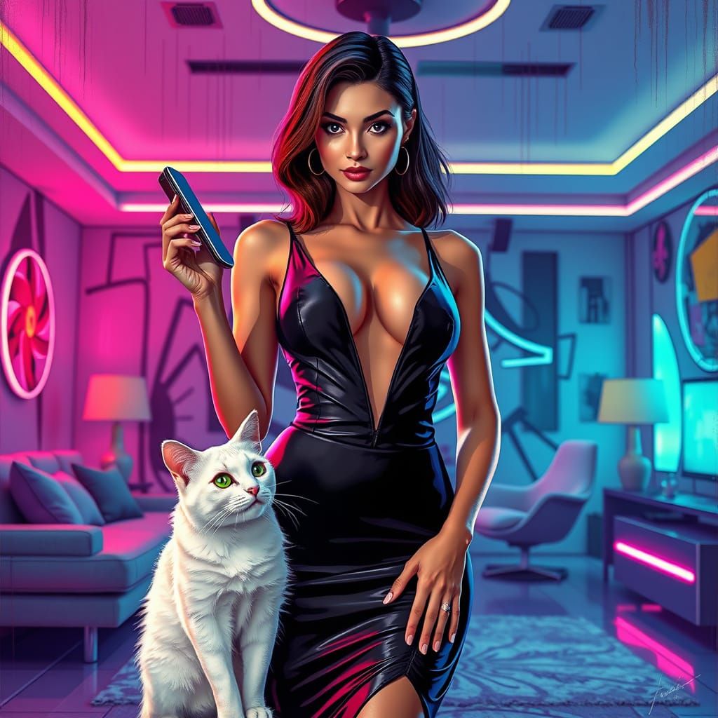 Sleek Woman in Futuristic Living Room with White Cat
