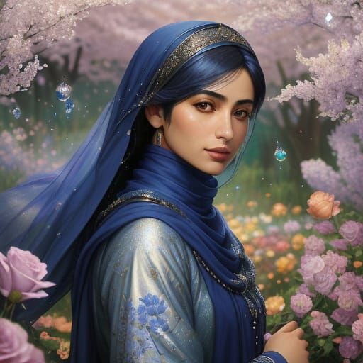 North African Woman with Flowers in Oil Painting Style