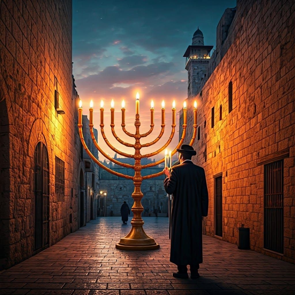 Hasidic Rabbi Lights Hanukkah Candles at Western Wall