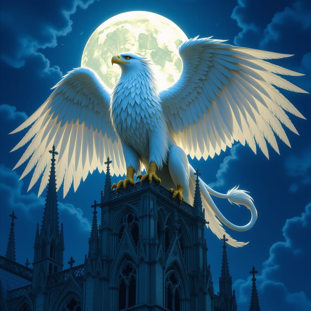 Griffin on Gothic Cathedral in Dark Surrealism Style