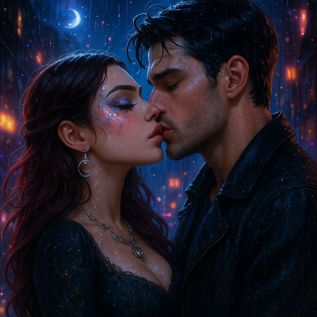 Ethereal Couple Embracing in Whimsical Cityscape