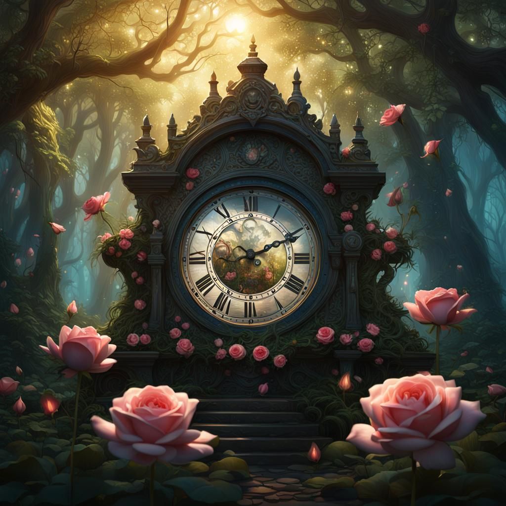 Mystical Forest Clock with Blooming Lotus Flower