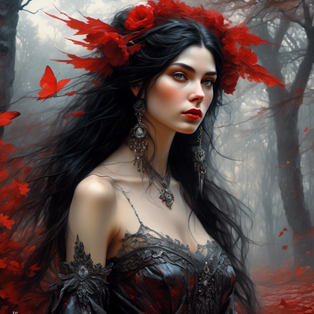 Glamorous Portrait of Dark-Haired Woman, Fantasy Art