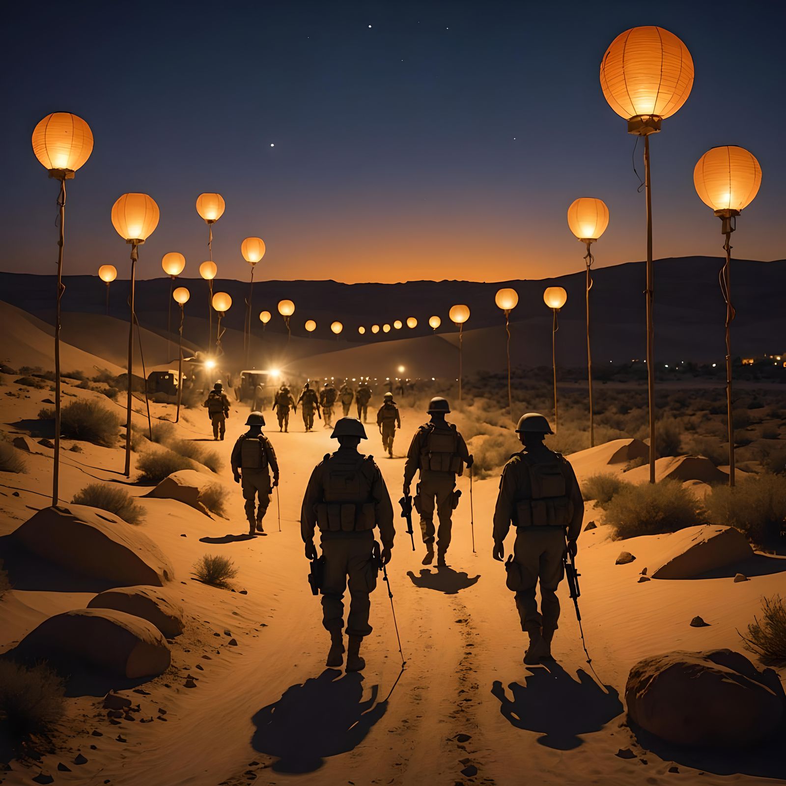 Desert Military Base Illuminated by Lanterns