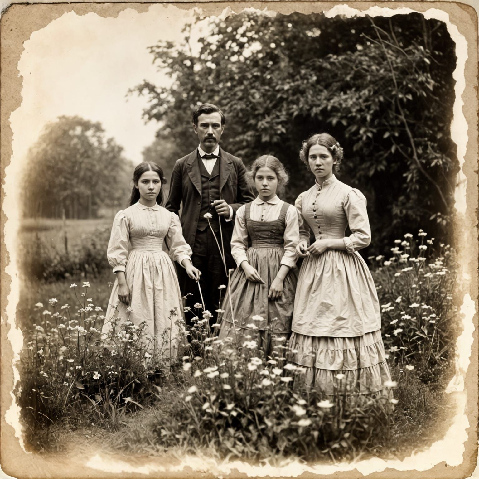 Victorian Family's Badminton Game in Wildflower Garden