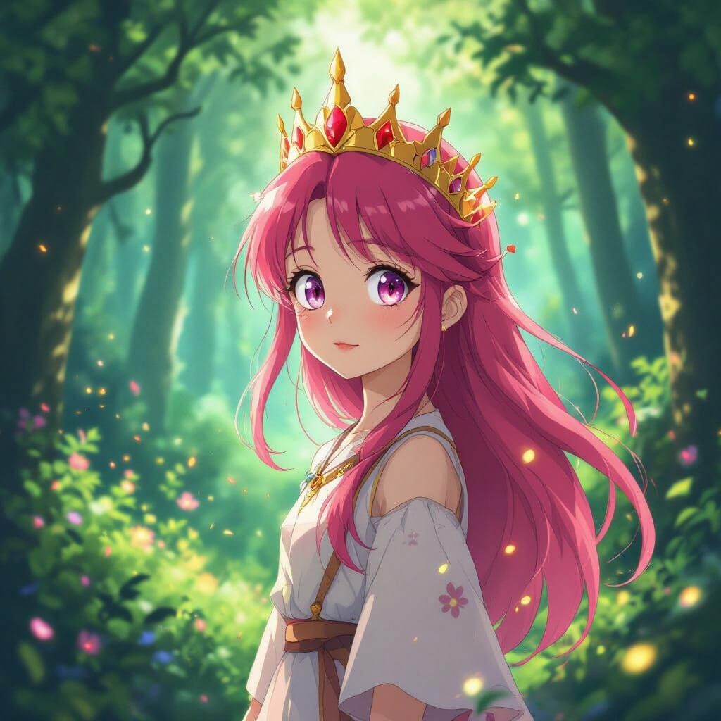 Anime Girl with Golden Crown in Magical Forest