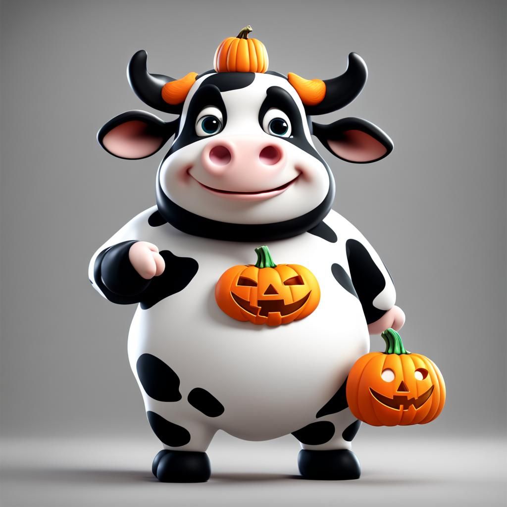 Cow in Pumpkin Costume for Halloween: 3D Digital Art