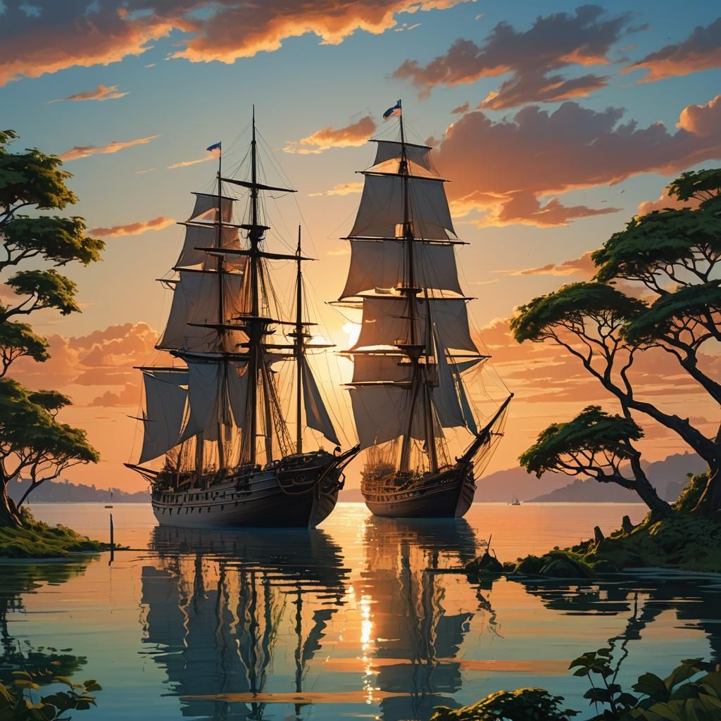 Sailing Ship at Sunset: Digital Matte Painting