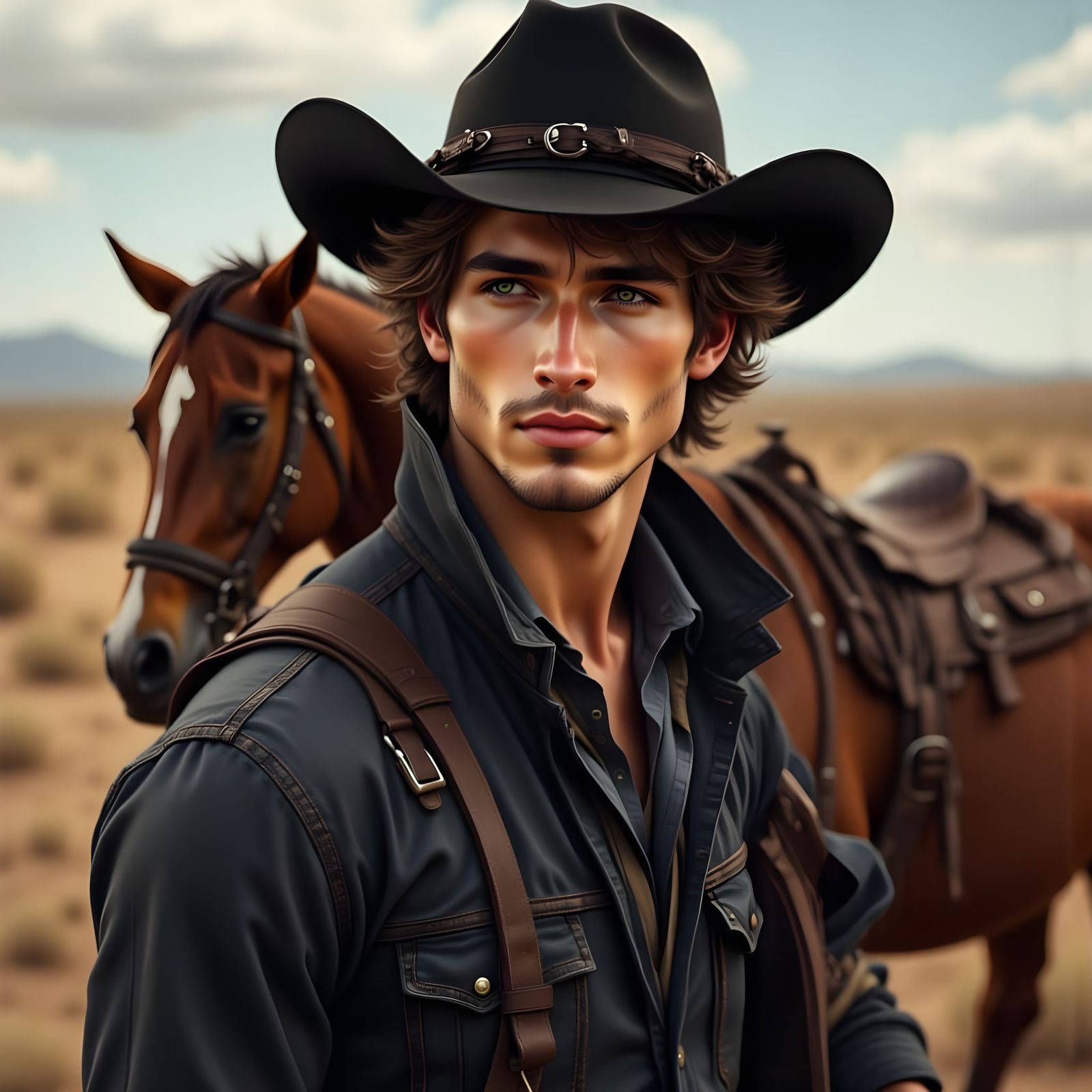 Young Man in Cowboy Hat with Horse, Desert Landscape