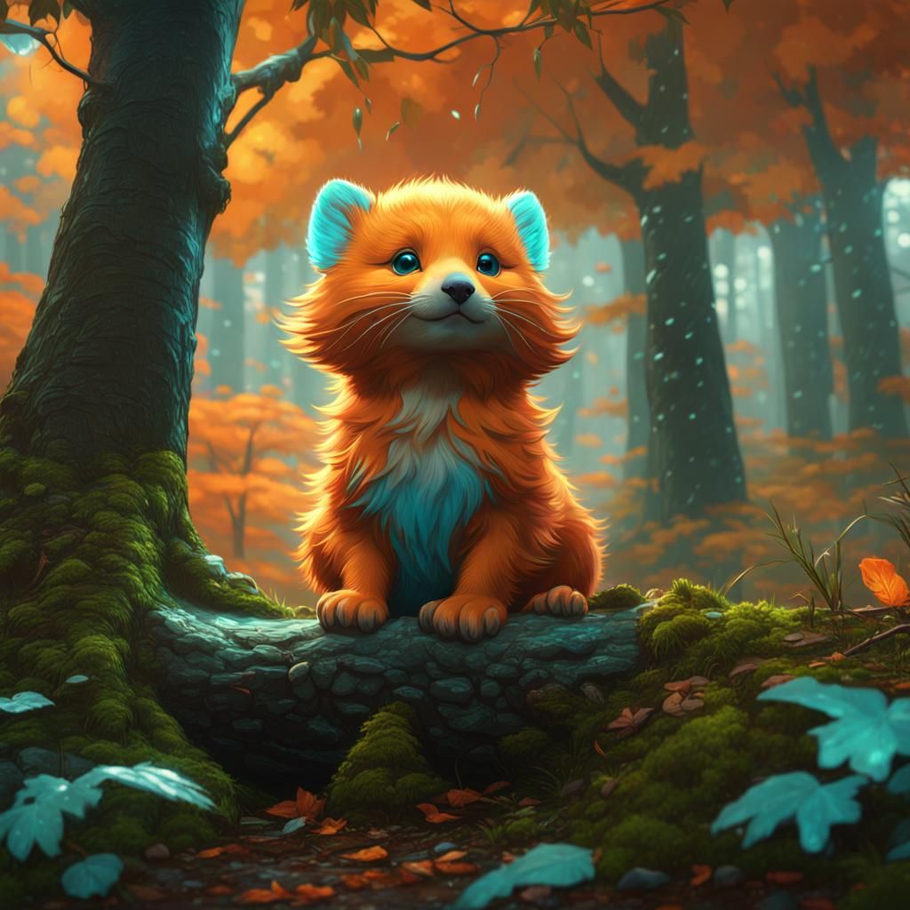 Detailed Forest Scene: Baby Animal in Rain