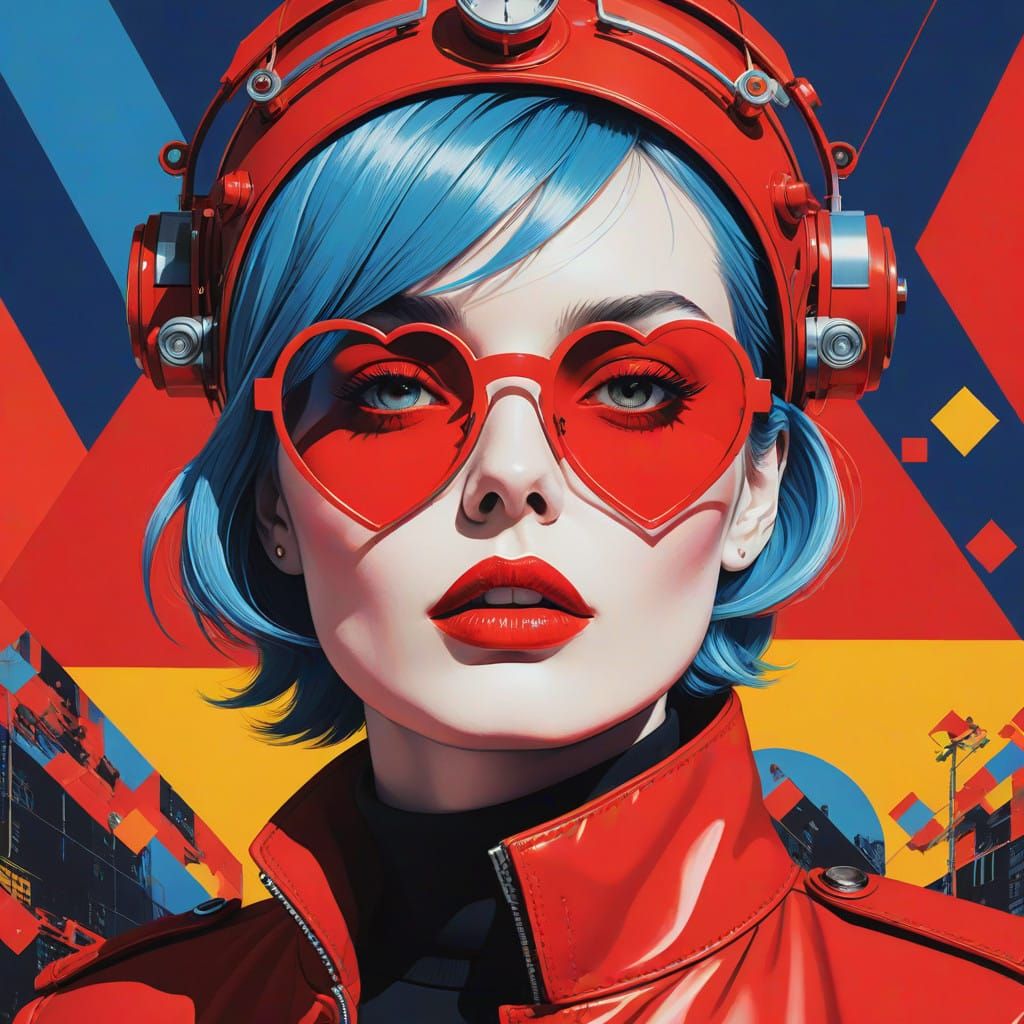 Vibrant Pop Art Portrait of a Woman in Heart-Shaped Glasses
