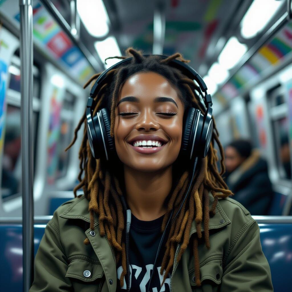 Young Woman Enjoys Ragga Music in Graffiti Subway Car