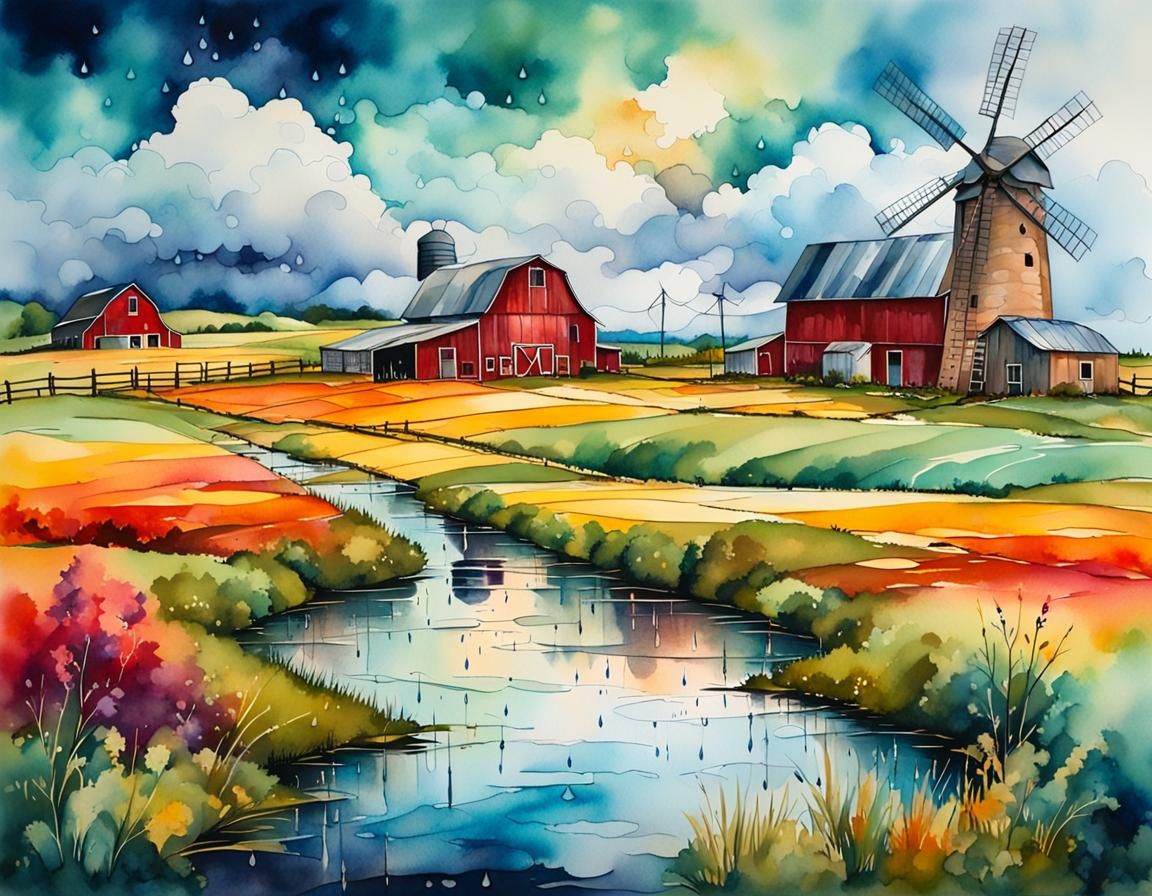 Farmyard Barn in Rainy Landscape: Watercolor Painting
