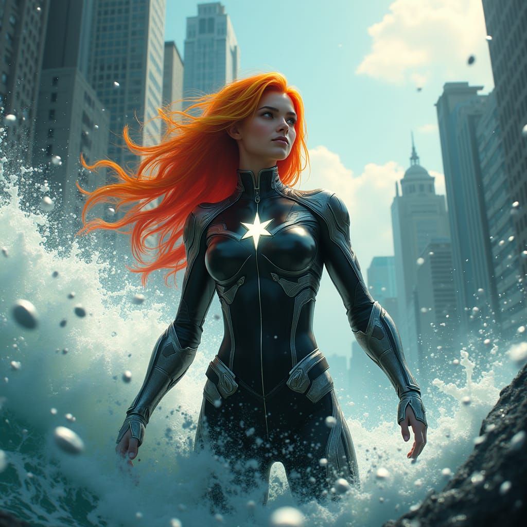 Superheroine Saves City from Tsunami: Splash Art