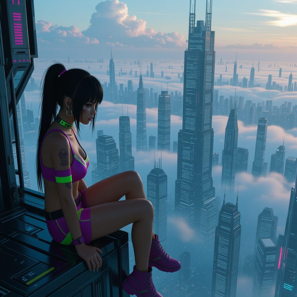 Gyaru Girl Overlooking Dystopian Ecumenopolis in Neon Outfit