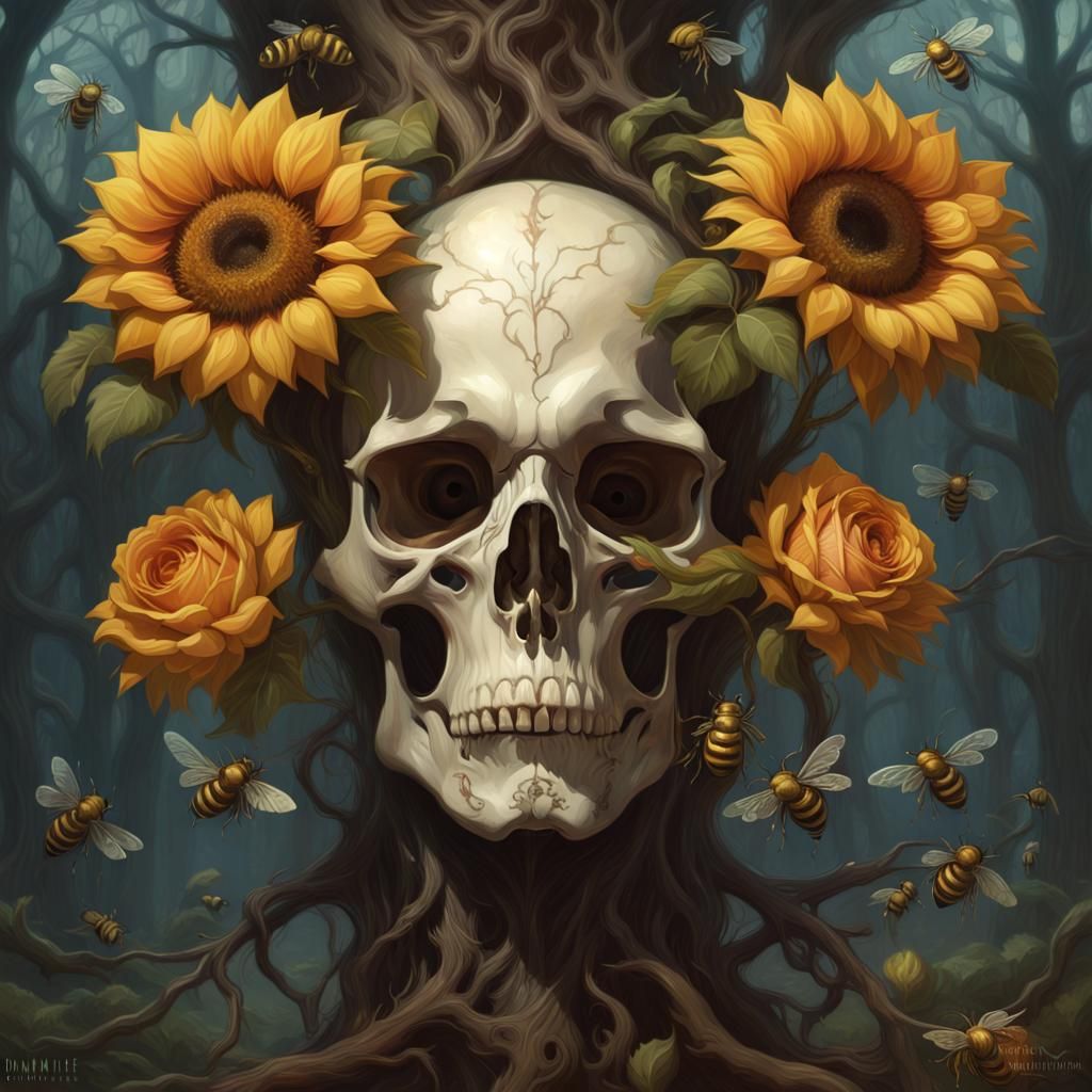 Tree Skull with Sunflowers and Roses in Dark Fantasy Art