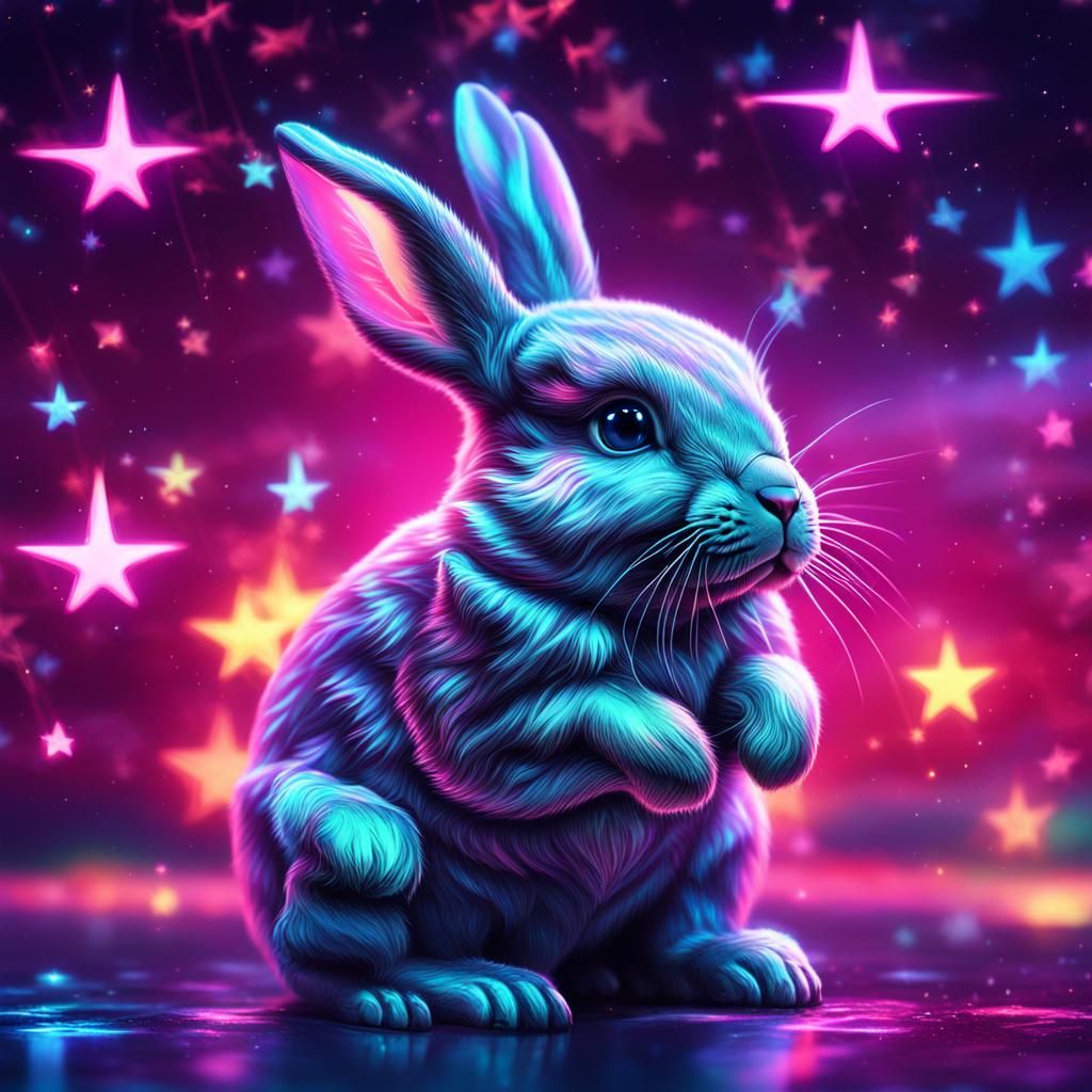 Holographic Neon Bunny in Synthwave Style