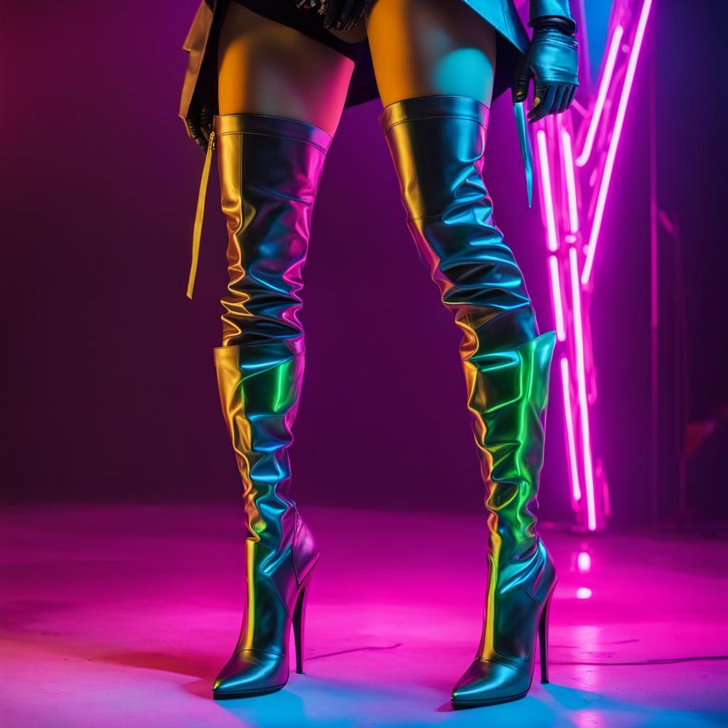 detailed neon thigh high boots, cyberpunk 2099 blade runner 2049 neon