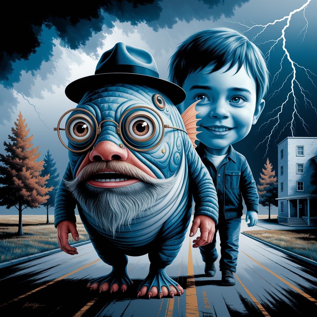 Surreal Painting of Fish Creature with Glasses, Beard, and H...