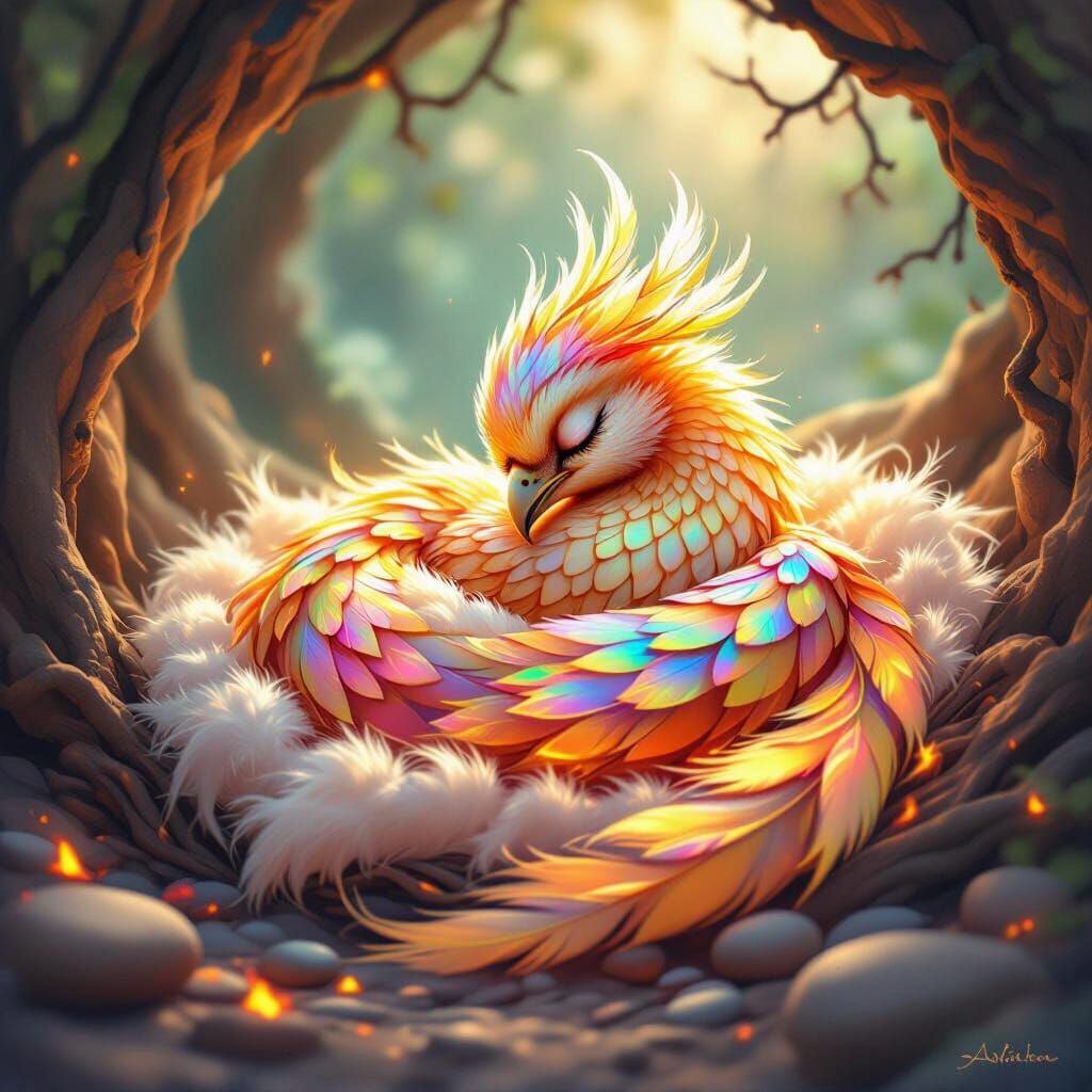 Majestic Phoenix Rests in Glowing Embers Nest
