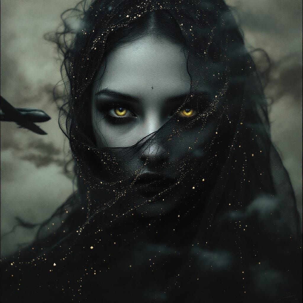 Ethereal Figure Behind Crystal Veil in Gothic Fog