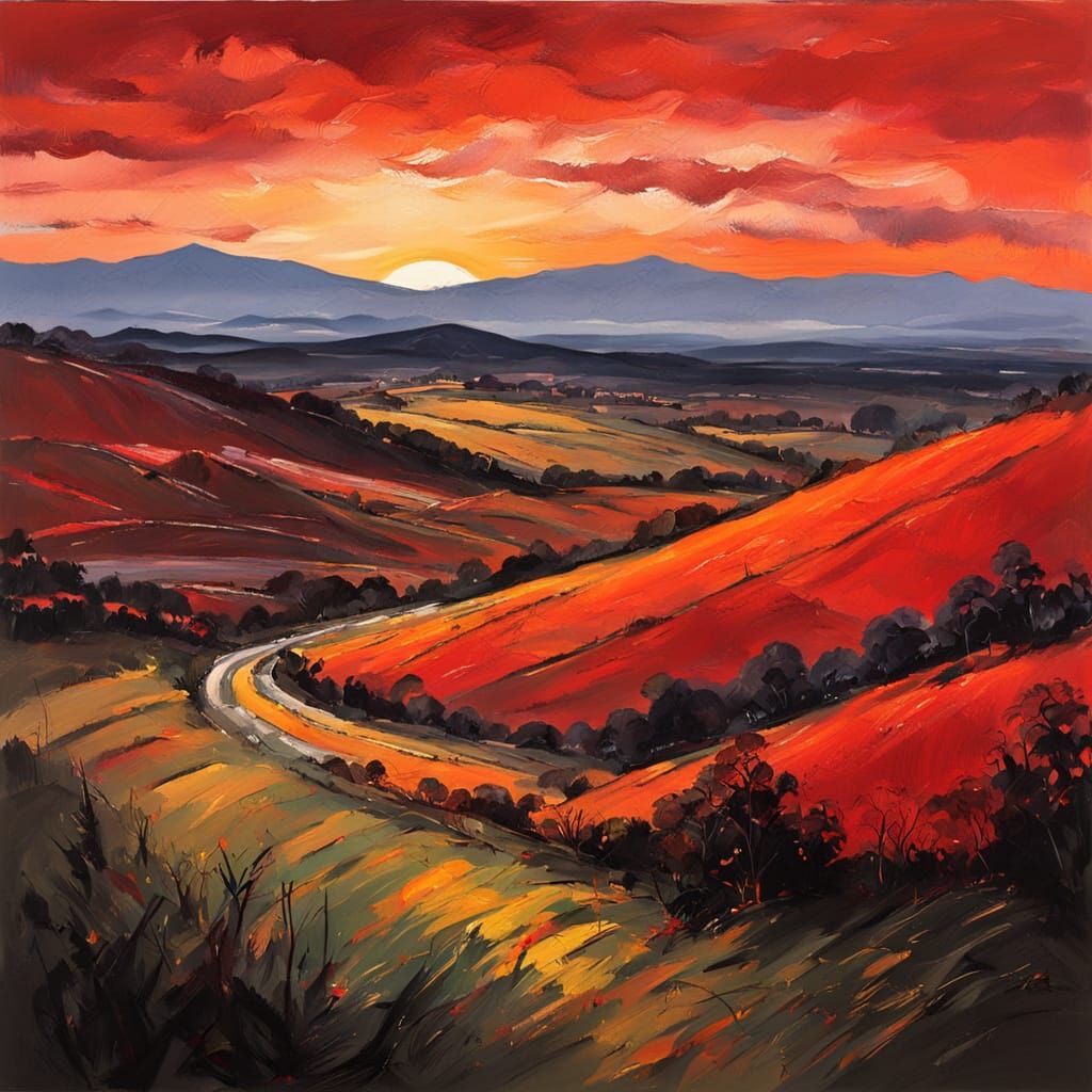 Vibrant Red Sky at Night Over Hills Gouache Painting