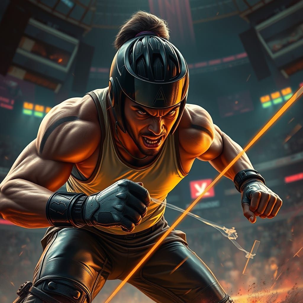 Determined Athlete in Cyberpunk Arena Combat