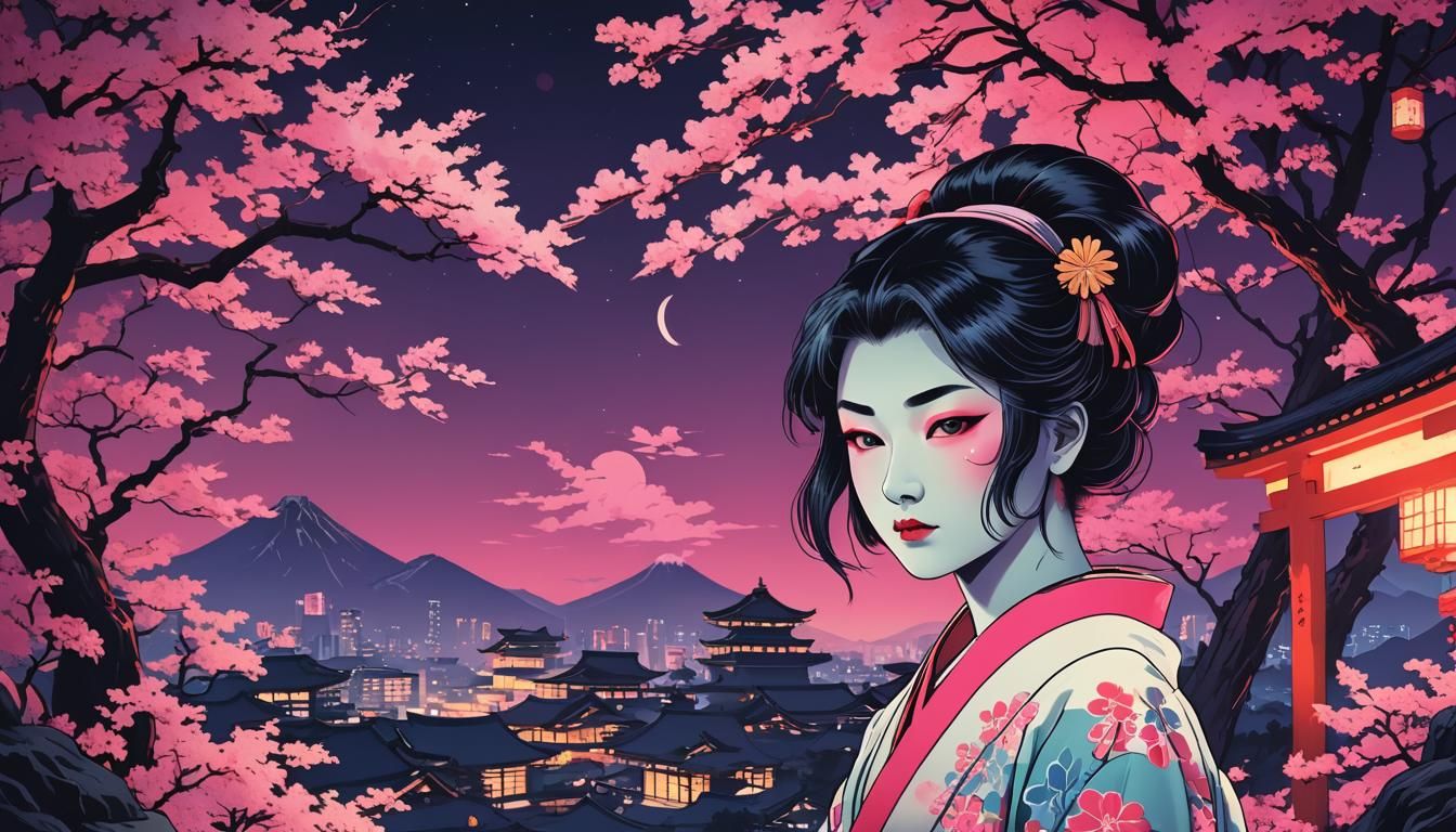 Night Scene in Ukiyo-e Synthwave Style