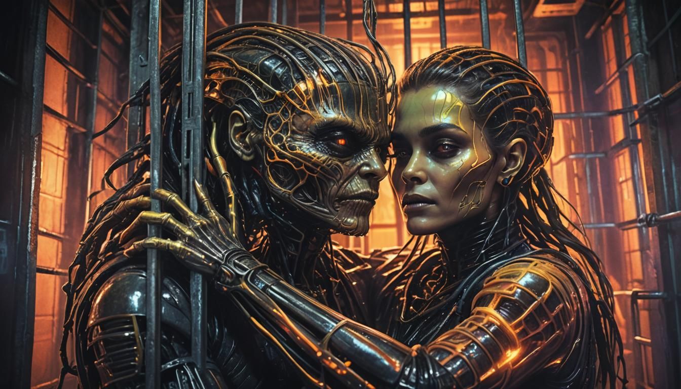 Sci-Fi Alien Embrace in Prison Cell