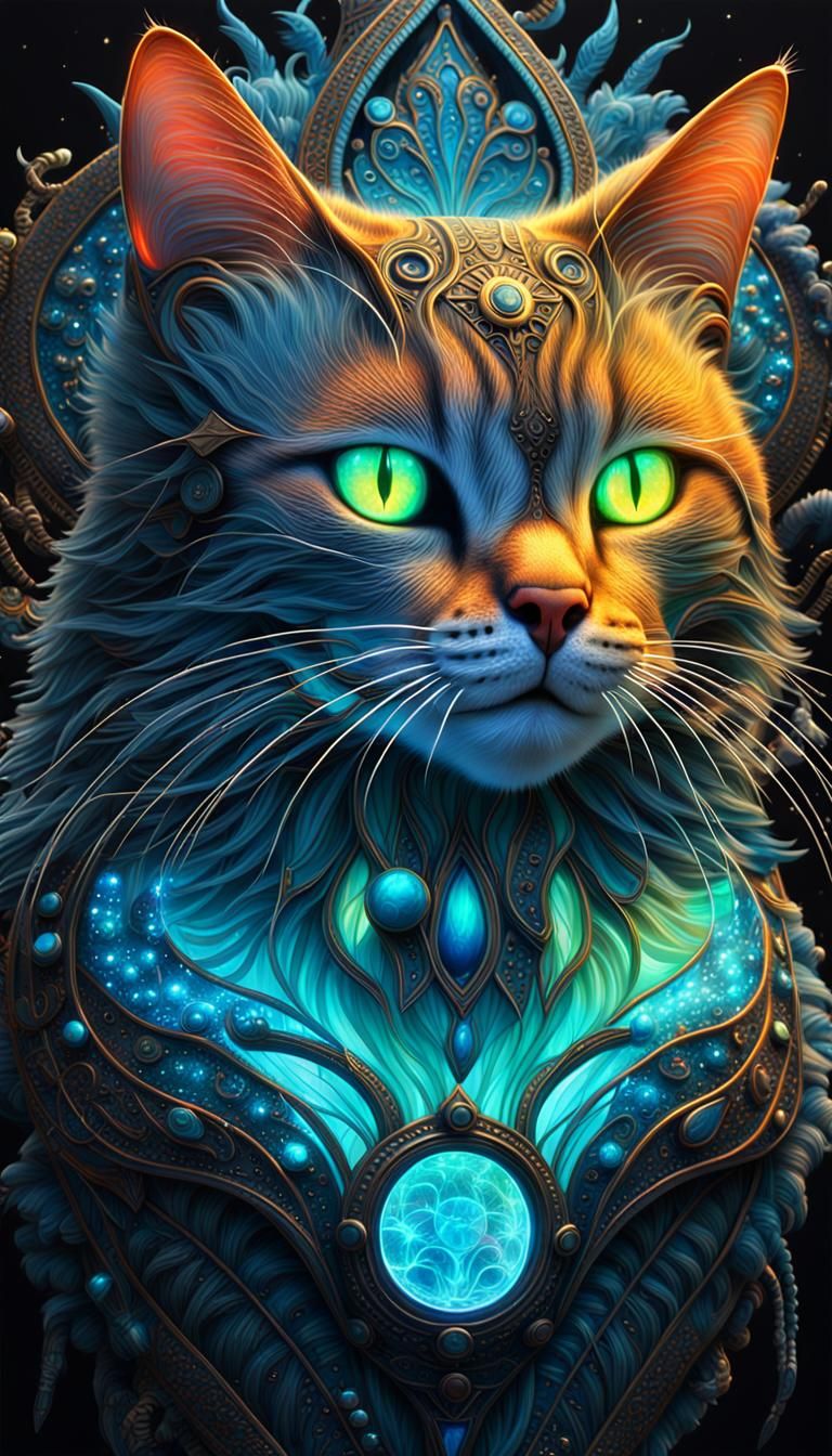 Highly realistic highly detailed mixed-media abstraction of fantasy cat and natural motifs combined with various materia...