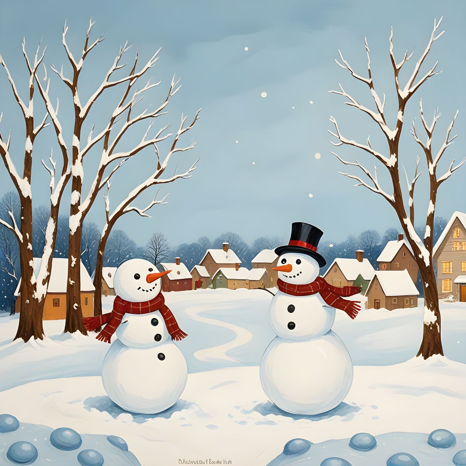 Naive Winter Village Scene with Whimsical Snowmen