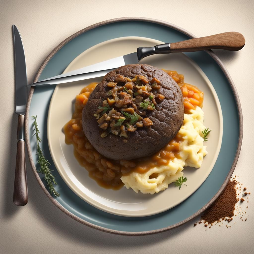 Scottish Haggis Served with Rutabagas and Potatoes