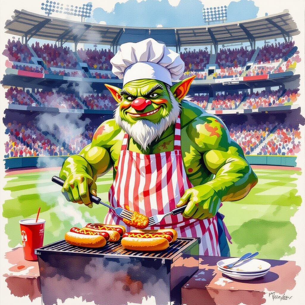 Troll Grilling Hotdogs in Gouache Style
