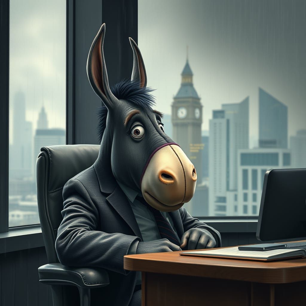 Gloomy Donkey in London Office Looks Out at Rainy Day