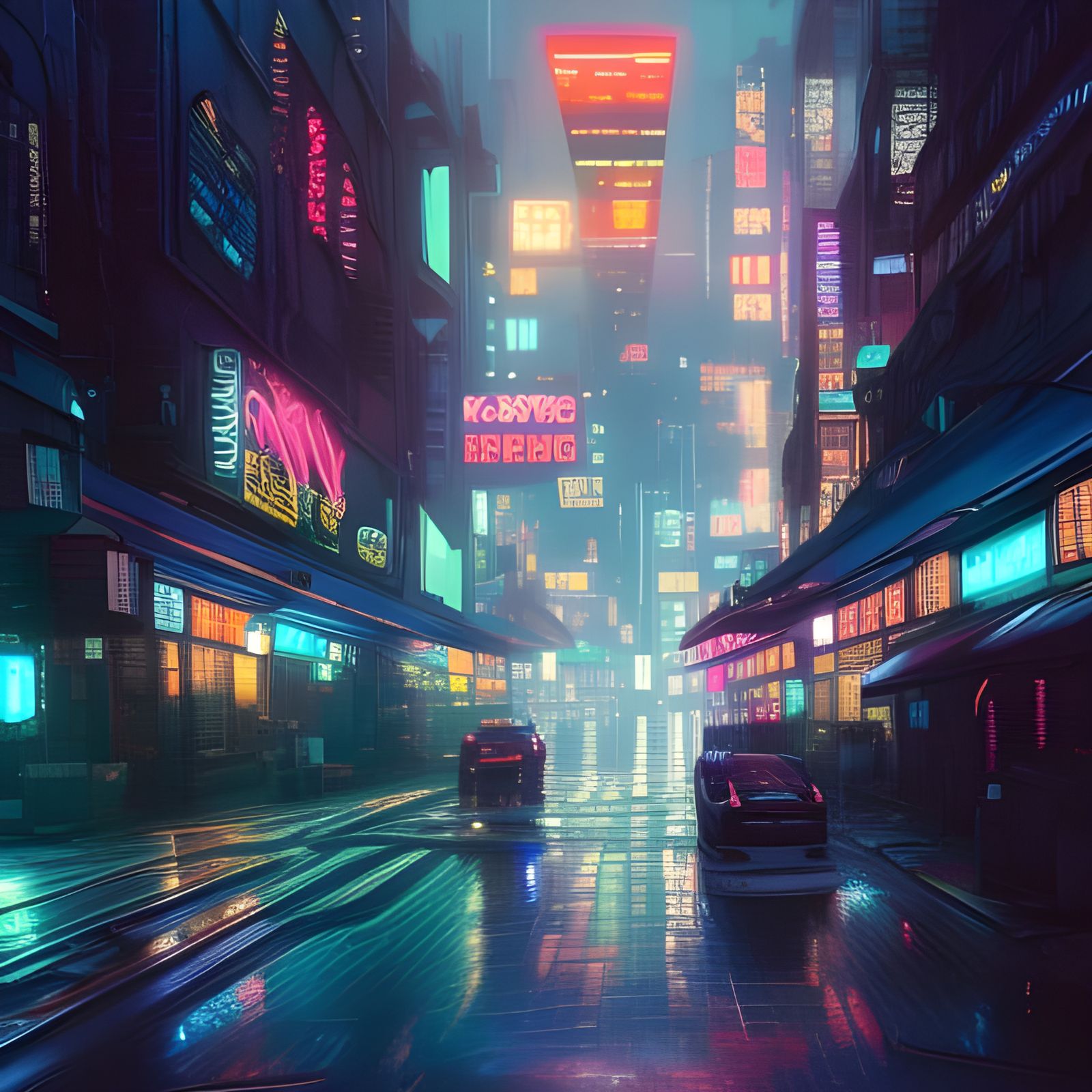 Cyberpunk City Street at Night in Digital Art Style