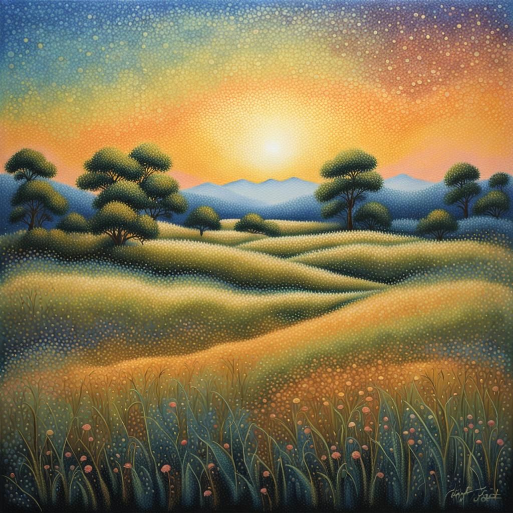 Dreamlike Meadow at Dusk: A Pointillism Masterpiece
