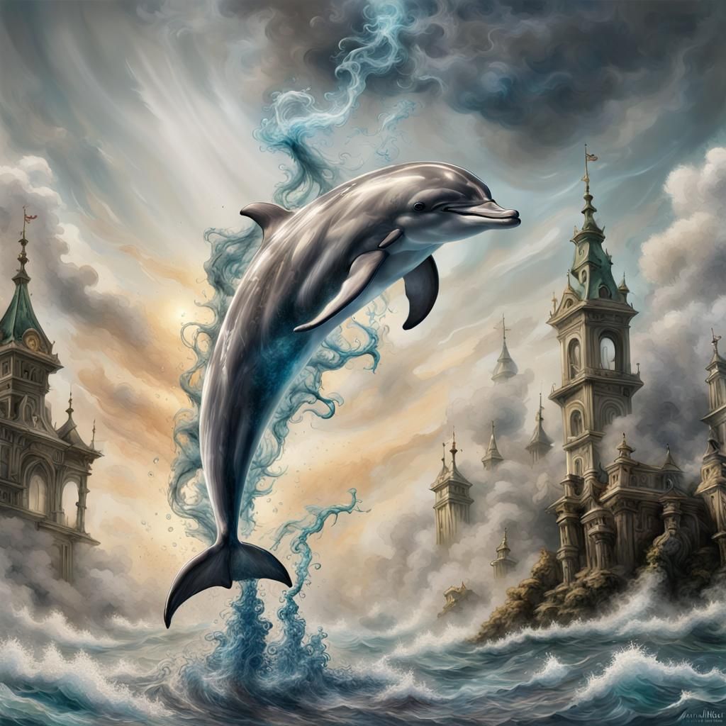Smokey Dolphin Leaps: Hyperdetailed Fantasy Art