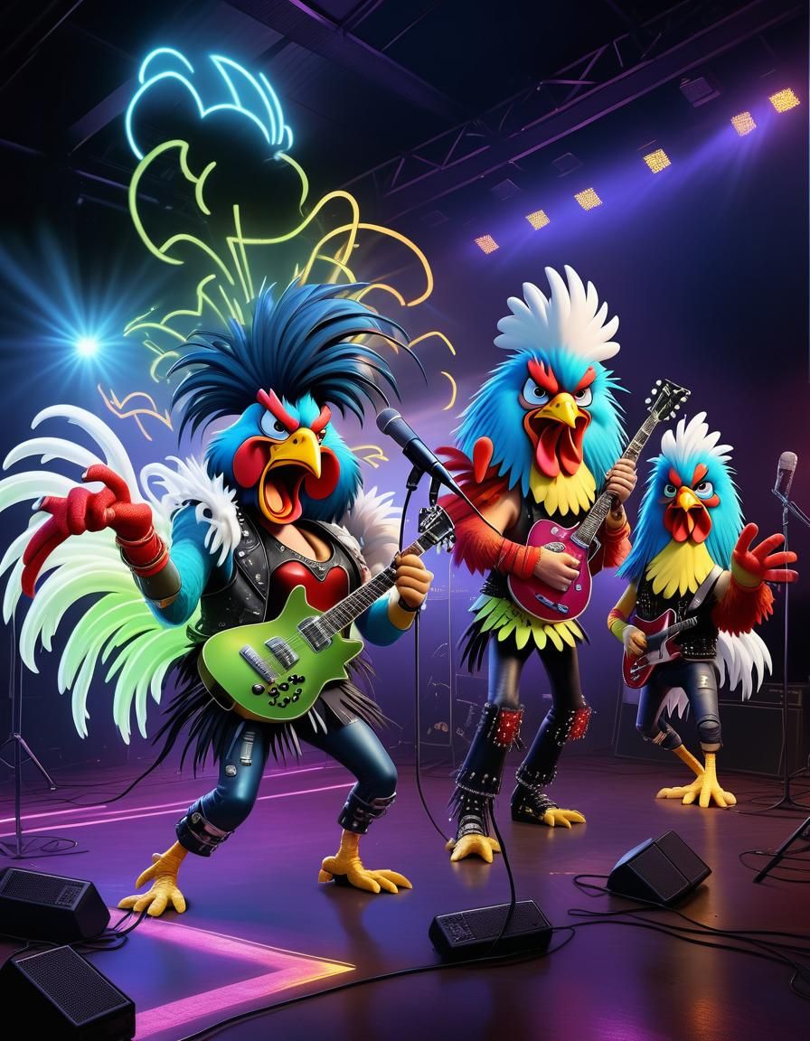 Heavy Metal Rooster Rock Star Blows into Microphone