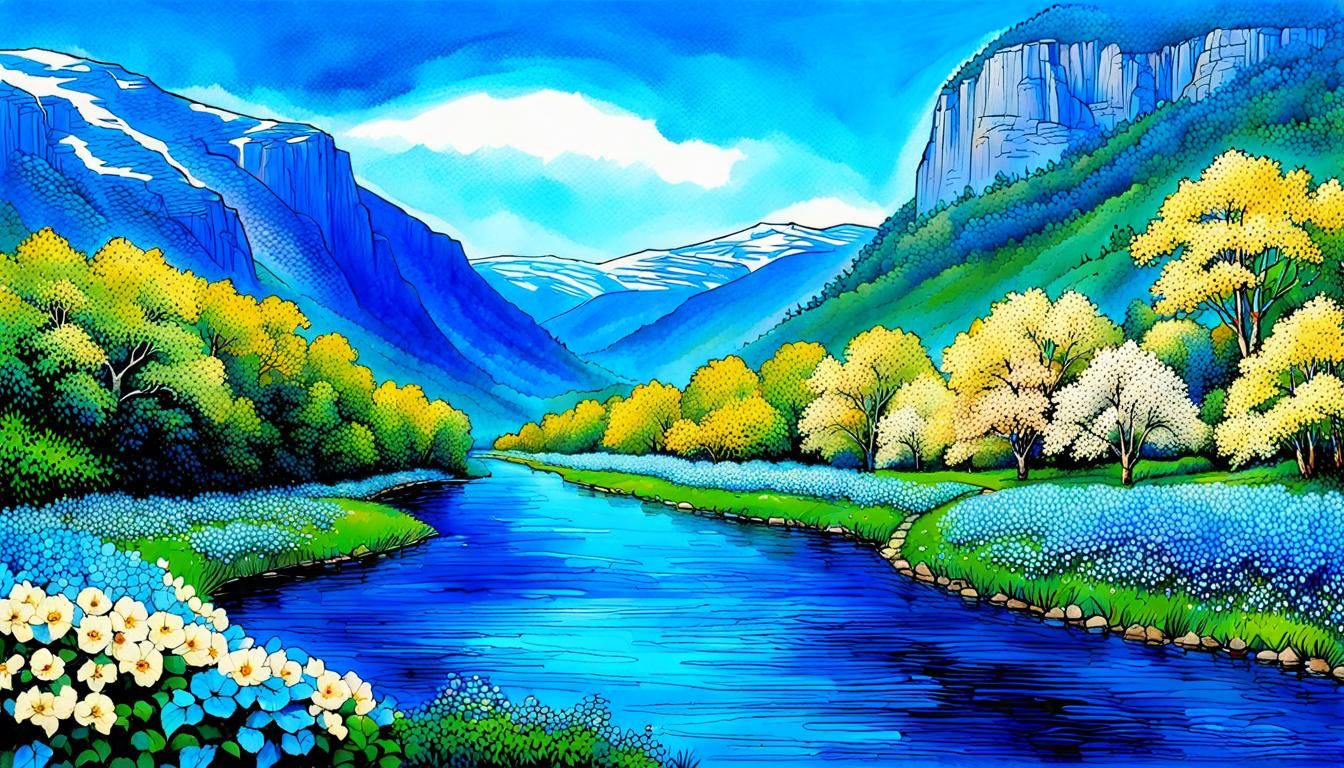 Lush Landscape with Blue Sky and Bountiful Blooms