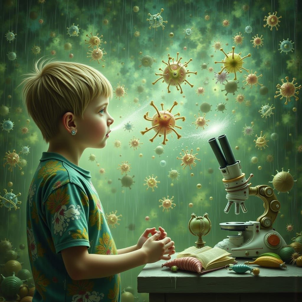 Boy Coughing Microbes Cheer at Microscope