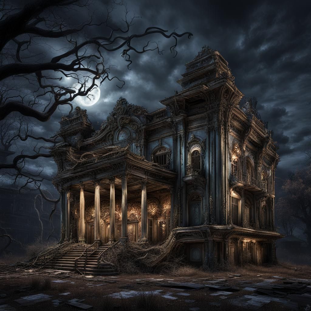 Steampunk Theater in Withered Garden at Night