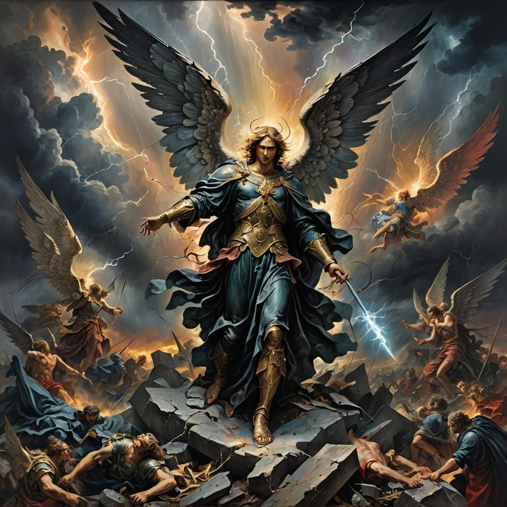 Archangel's Battle Against Fallen Angels in Storm