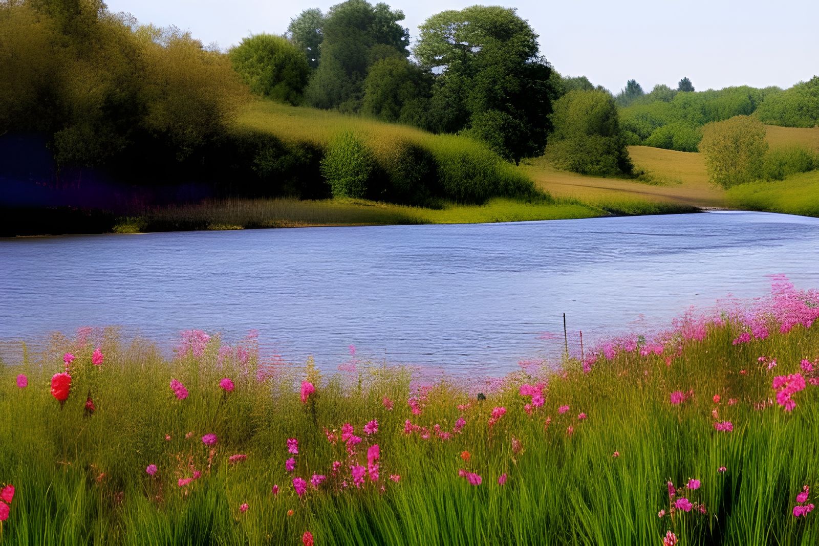 Idyllic River Landscape with Fields and Flowers