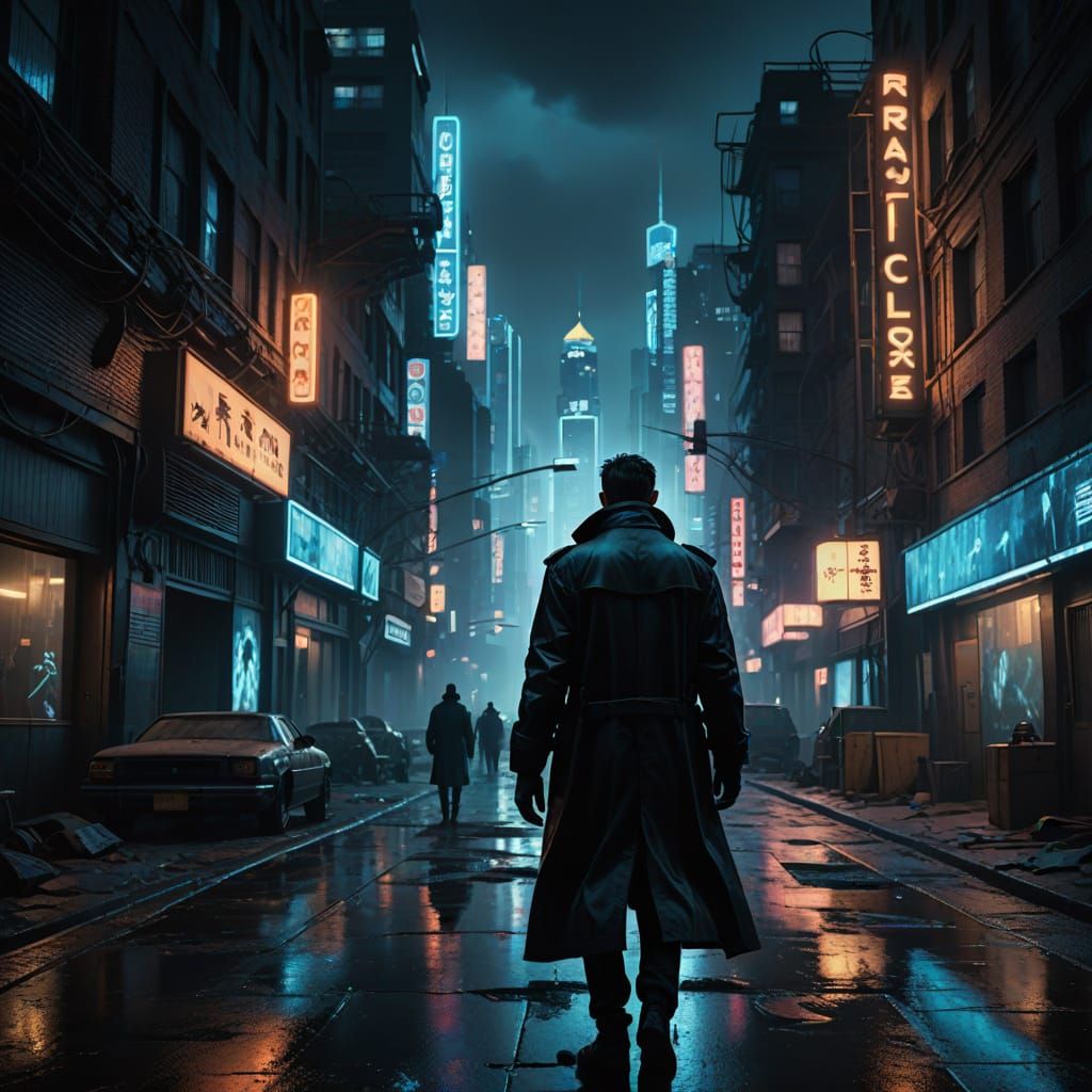 Man in Black Coat Stands in Neon-Lit Cityscape