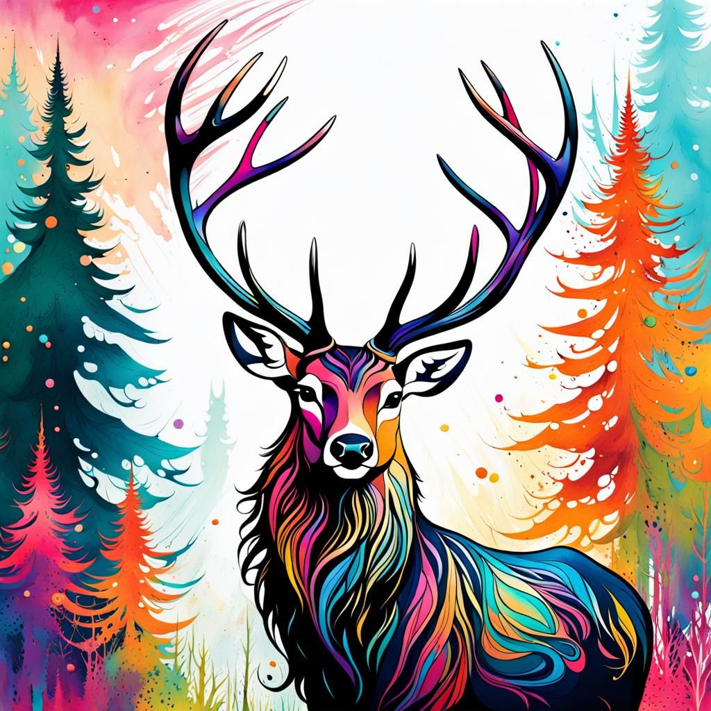Majestic Stag in Magical Forest: Inked Sketch