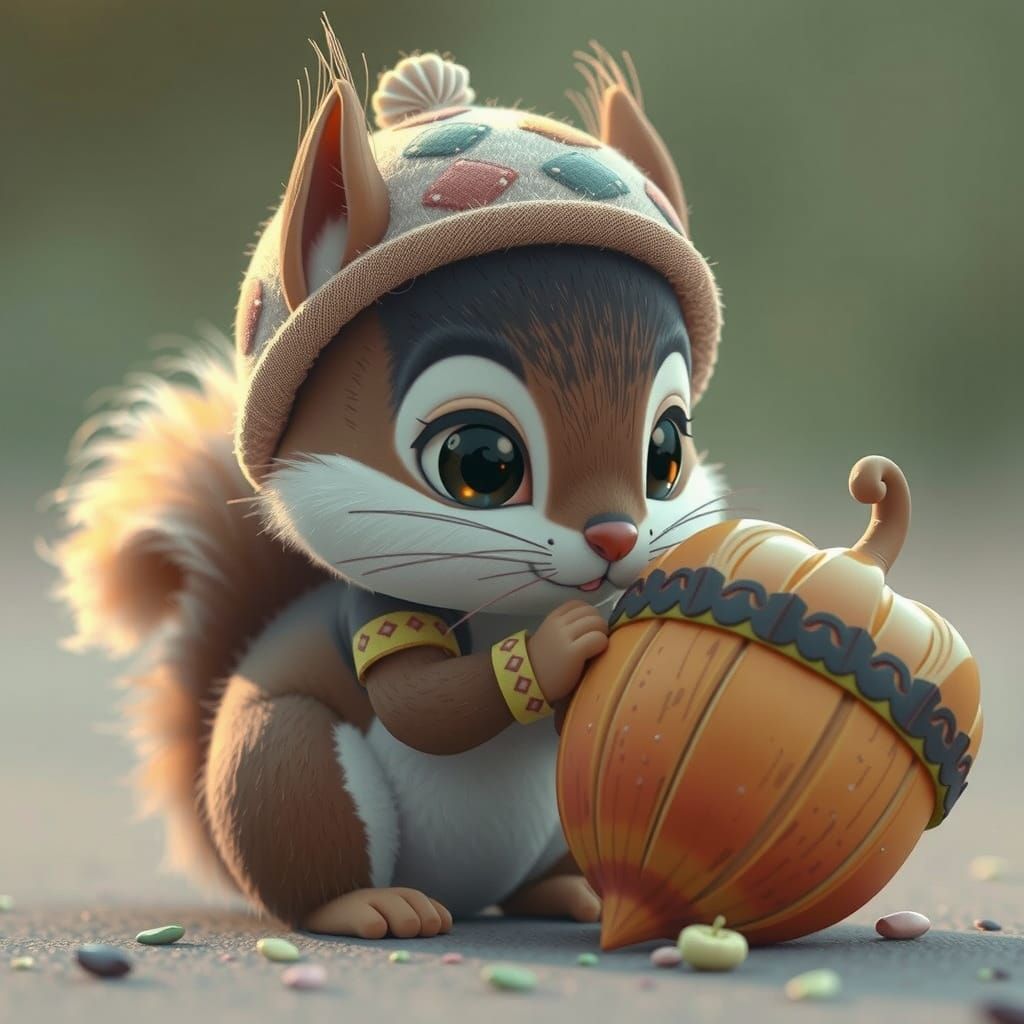Cartoon Squirrel with Acorn in Candyland, Digital Art
