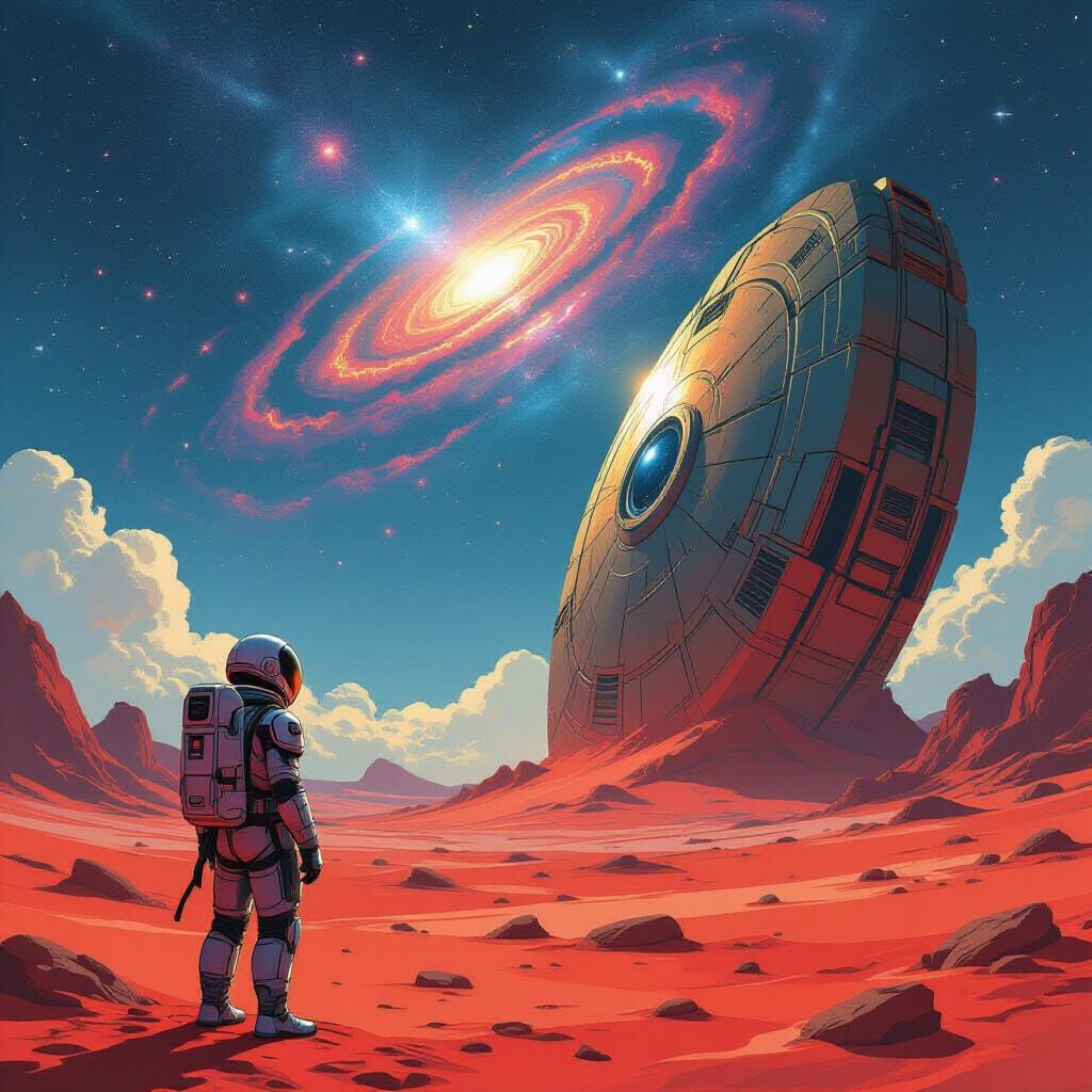 Explorer on Alien World Views Ancient Cosmic Artifact